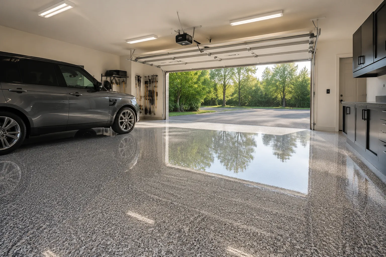 Glossy gray flake epoxy garage floor with realistic reflections, installed in Bergen County, NJ